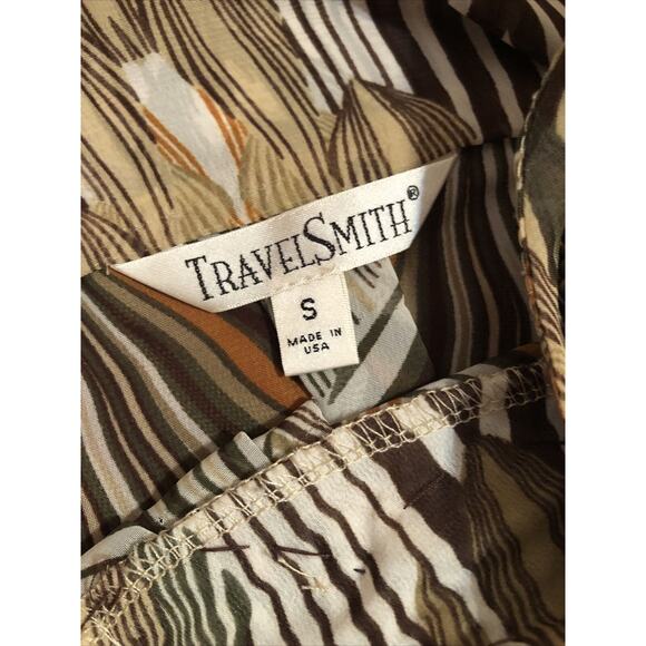 TRAVELSMITH Sheer Brown Feather Animal Print Beaded Collar Tunic Blouse Small - Picture 6 of 9